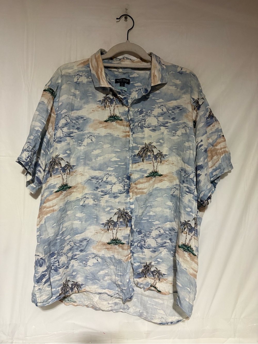 Peter Millar Light Blue Palm-Print Short Sleeve linen Button-Down Shirt